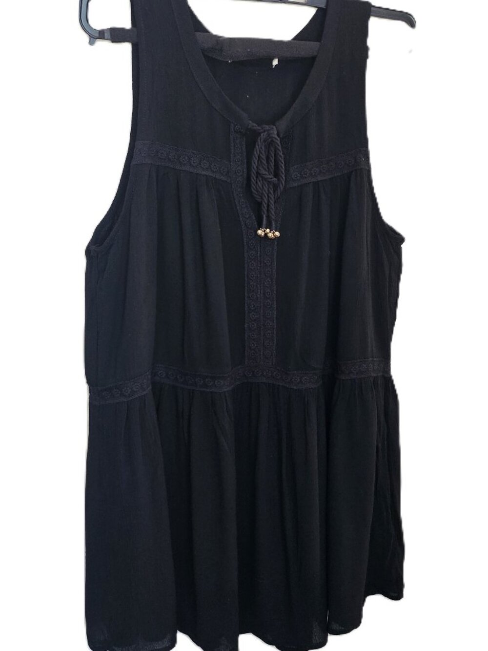 BLACK SWIM WEAR COVERUP w/ BRAIDED FRONT TIE  & GOLD ACCENTS w/  FLORAL MOTIF